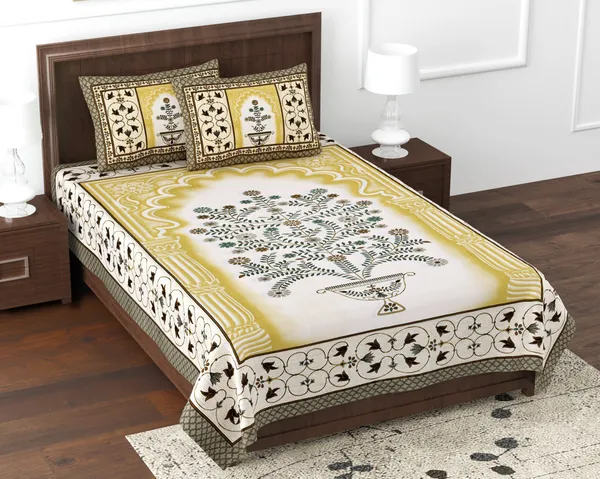 Yellow_Cotton_Garden_Glory_Double_Bedsheet_With_Pillow_Cover_70X100_Cm